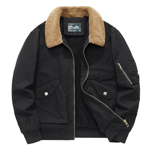 XUNKUSGA Winter Coats for Men Solid Color Washed Cotton Jackets For Men Fleece Lined Utility Jacket Thick Warm Winter Jacket Lapel Long Sleeve Bomber Jacket Men with Multi Pocket M-4XL Black