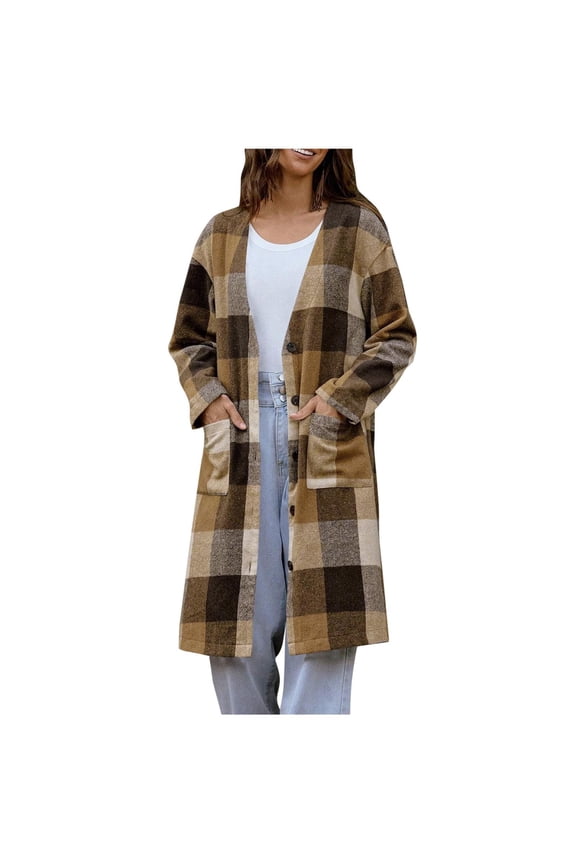 Jacket for Women Fashion Plaid Wool Coat Casual Button Down Cardigan for Women Long-Sleeve V-Neck Hoodless Winter Clothing for Women with Pockets S-2XL Brown
