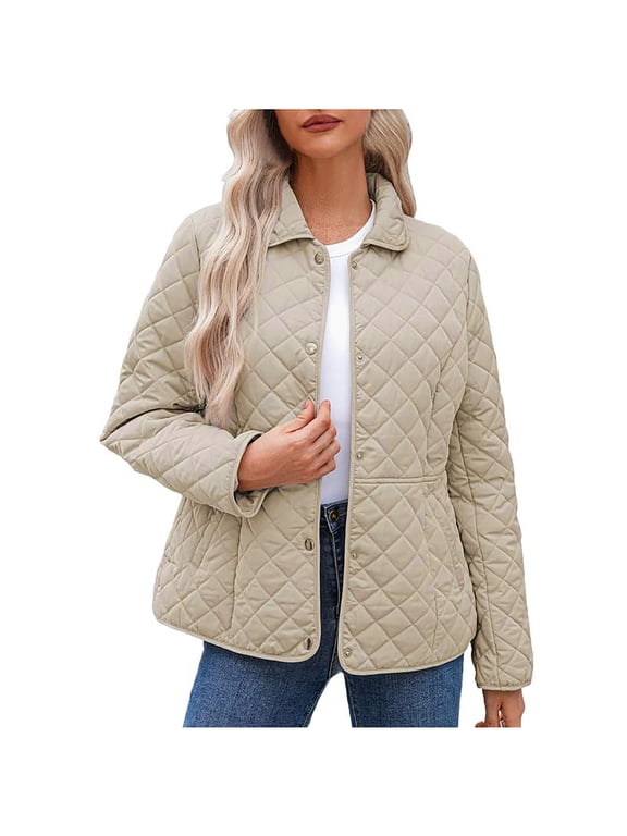 Winter Coats for Women Long Sleeve Button Down Quilted Jackets for Women Loose Fit Casual Outerwear Long Sleeve Lapel Puffer Jackets with Pockets S-5XL Beige