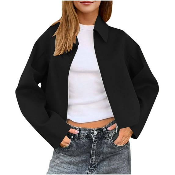 XUNKUSGA Winter Coats for Women Zip Up Short Womens Cropped Pea Coats Fall Trendy Loose Long Sleeve Bomber Jacket Women Wool Blend Women Jackets S-XL Black