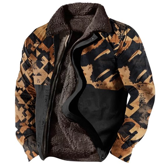 XUNKUSGA Winter Jackets for Men Ethnic Retro Printed Warm Fleece Lined mens jacket Long Sleeve Turndown Collar Winter Coats for Men Full Zip Up Winter Outfits S-3XL Black