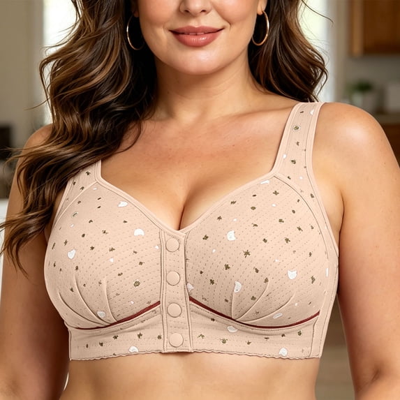 XUNKUSGA Wireless Front Closure Bra for Women Scalloped Lace Side Bust Support Plus Size Minimizer Bras with Wide Mesh Shoulder Straps for Large Bust & Seniors,Beige02,48/110C