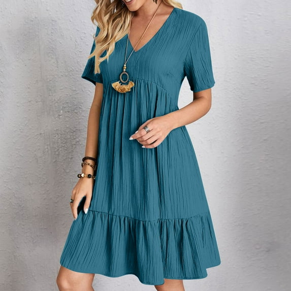 XUNKUSGA Women Dresses Casual Short Sleeve V Neck Tiered Ruffles A Line Dresses for Women Lightweight Loose Swing Dress Comfortable Soild Color Womens Midi Dress for Casual, Work, Beach S-5XL Blue