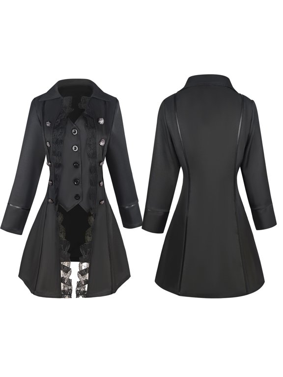 Women Gothic Steampunk Jacket Medieval Victorian Lace Trim Tailcoat Jacket Vintage Button Long Sleeve Turndown Collar Halloween Costume Jacket for Party,3XL