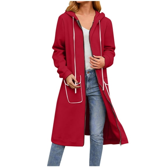XUNKUSGA Women Hoodies Casual Zip Up Hooded Long Tunic Sweatshirts Oversized Fall Winter Long Sleeve Dstring Jackets for Women with Flap Pockets S-2XL Red