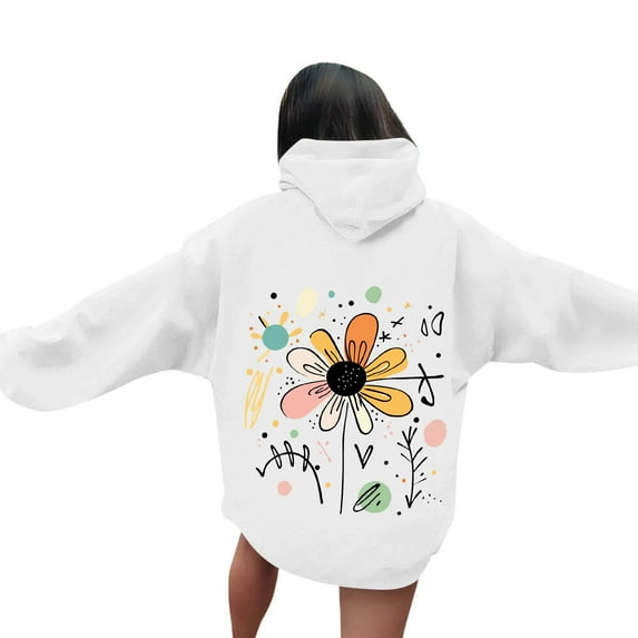 XUNKUSGA Women Hoodies Floral Graphic Hoodies for Women Long Sleeve Hooded Neck Pullover Sweatshirt with Pocket Loose Y2k Vintage Drop Shoulder Pullover Top S-2XL