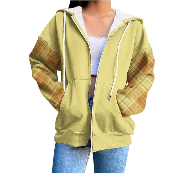 XUNKUSGA Women Hoodies Plaid Long Sleeve Hooded Sweatshirt Women Loose Full Zipper Jackets for Women Fashion Casual Plain Hoodies with Pockets S-2XL Yellow