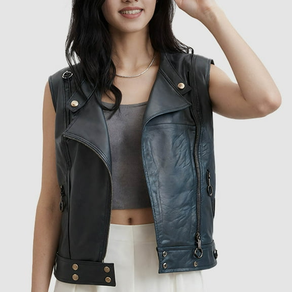 XUNKUSGA Women Jacket Faux Leather Zip Up Slim Jackets for Women Fashion Lapel Collar Motorcycle Jacket Fashion Sleeveless Short Coat Jacket S-XL Black