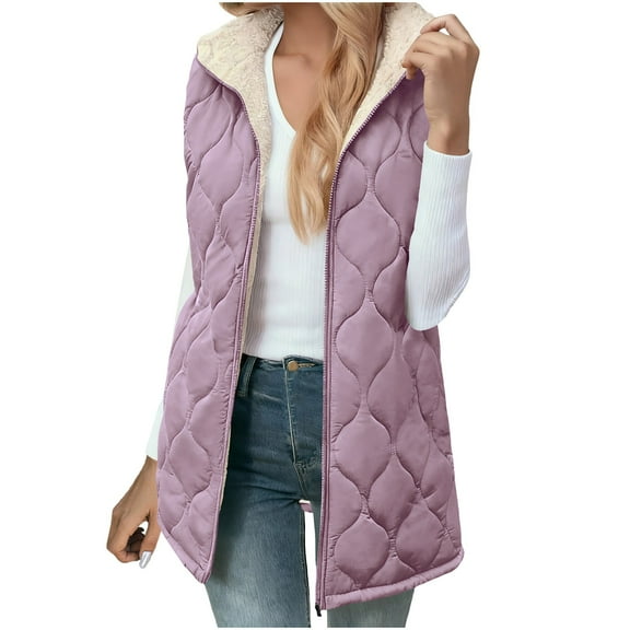 XUNKUSGA Women Long Fleece Vest Double Zip Sleeveless Hooded Puffer Jacket Solid Color Winter Puffer Vest with Pockets Casual Loose Fashion Womens Vest S-2XL Purple
