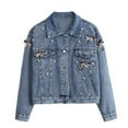 thumbnail image 1 of XUNKUSGA Women Oversized Denim Jacket Fashion Dragonfly Beaded Jeans Coat Long Sleeve Turn Down Lapel Collar Button Up Denim Jacket for Women with Pockets M-XL Blue, 1 of 8