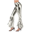 thumbnail image 1 of XUNKUSGA Women Pants Skinny Flare Bell Bottom Pants for Women Stretchy Ruffle Bell Bottom High Waisted Women's Pants Light Faux Leather Irregular Party Halloween Flare Trousers S-3XL White, 1 of 3