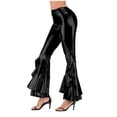 thumbnail image 1 of XUNKUSGA Women Pants Skinny Flare Bell Bottom Pants for Women Stretchy Ruffle Bell Bottom High Waisted Women's Pants Light Faux Leather Irregular Party Halloween Flare Trousers S-3XL Black, 1 of 4