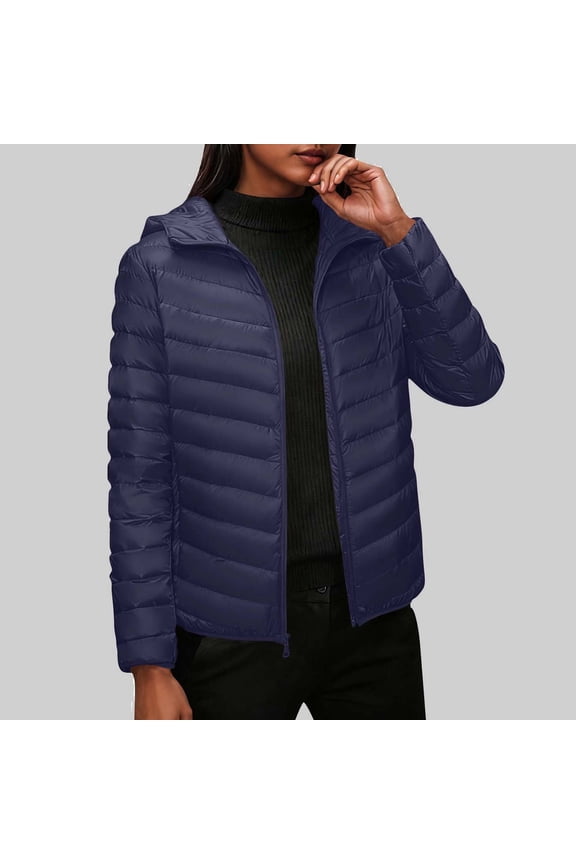 Women Puffer Jacket Lightweight Packable Solid Color Winter Coat Insulated Water Resistant Short Down Coat Casual Long Sleeve Hooded Jackets for Women M-5XL Blue