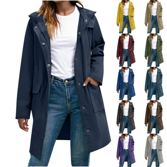 XUNKUSGA Women Rain Jacket Long Sleeve Waterproof Windproof Raincoats for Women with Hood Solid Color Snap Button Down Long Casual Outerwear with Pocket S-2XL Green