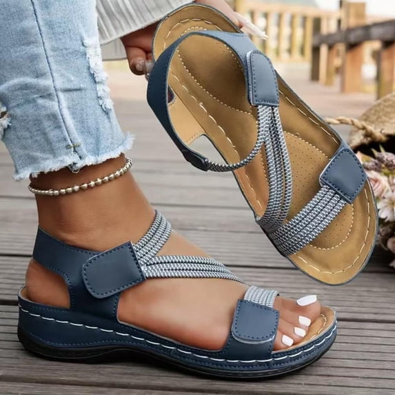 XUNKUSGA Women Sandals Dressy Arch Support Ankle Strap Wedge Sandals for Women with Hook loop Closure Causal Round Toe Open Toe Walking Shoes 6-9.5,Blue