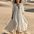 thumbnail image 1 of XUNKUSGA Women Summer Dresses Soft Linen-Cotton Womens Sundresses Casual V-Neck 3/4 Sleeve Maxi Dress Loose Comfortable Flowy Dresses for Women Soild Color Tiered Boho Long Dresses S-2XL Beige, 1 of 5