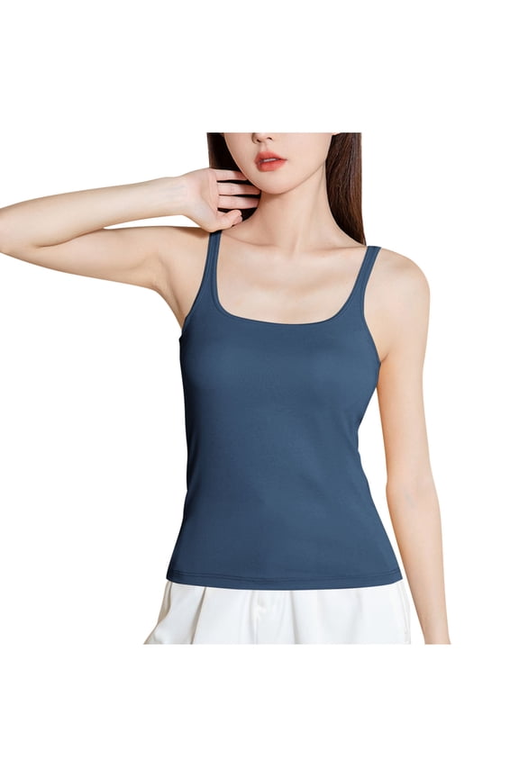 Women Tank Tops with Built In Bra Square Neck Ribbed Basic Cami Shirts Bodycon High-Low Hem Camisole Tops Work Out Summer Outfits S-XL