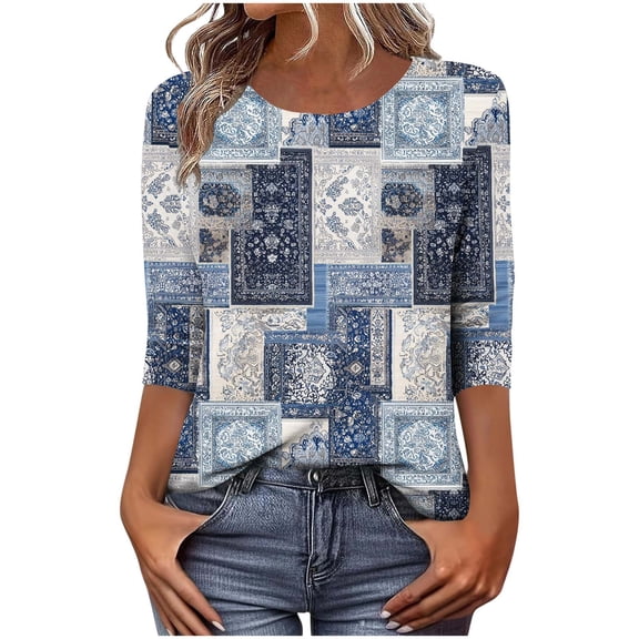 XUNKUSGA Women Tops Dressy Casual 3/4 Length Sleeve Shirts for Women Fashion Boho Floral Crew Neck T Shirts for Women Loose Fit Lightweight Blouses for Women S-5XL,Gray