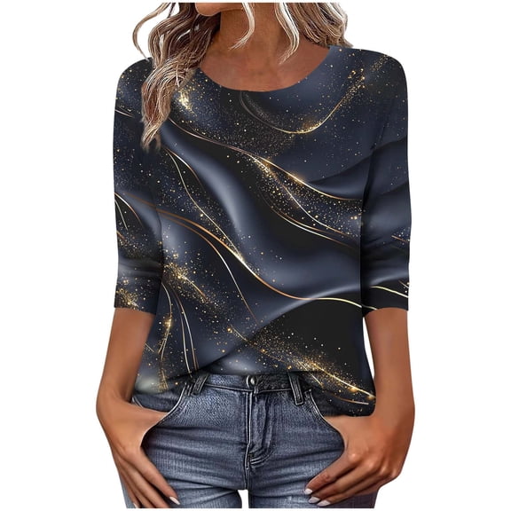 XUNKUSGA Women Tops Dressy Casual 3/4 Length Sleeve Shirts for Women Fashion Boho Floral Crew Neck T Shirts for Women Loose Fit Lightweight Blouses for Women S-5XL,Blue