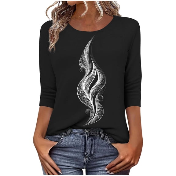 XUNKUSGA Women Tops Dressy Casual 3/4 Length Sleeve Shirts for Women Fashion Boho Floral Crew Neck T Shirts for Women Loose Fit Lightweight Blouses for Women S-5XL,Black