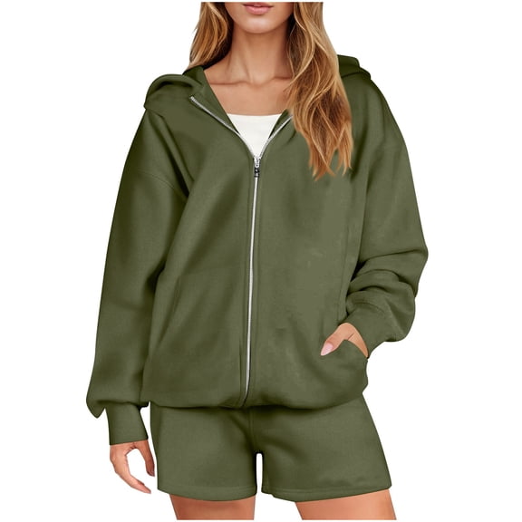 XUNKUSGA Women's 2 Piece Outfits Fashion Long Sleeve Hooded Sweatshirts with Shorts Casual Loose Clothes for Women Solid Color Fall Outfits for Women 2025 S-2XL