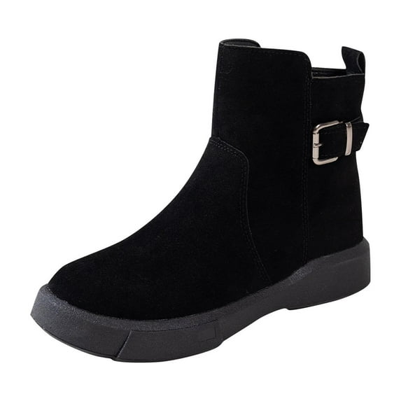 XUNKUSGA Women's Ankle Boot Casual Flat Soled Ankle Boots Solid Color Suede Round Toe Boots for Women with Classic Side Zip and Buckle Strap Black
