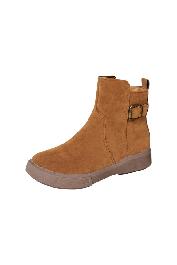 Women's Ankle Boot Casual Flat Soled Ankle Boots Solid Color Suede Round Toe Boots for Women with Classic Side Zip and Buckle Strap Brown