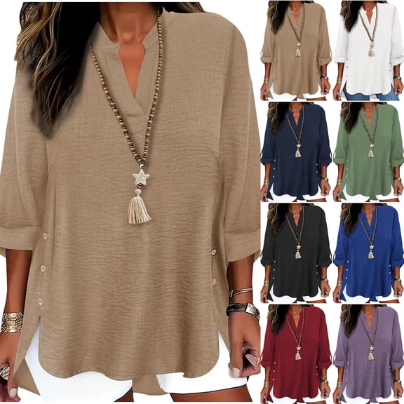 XUNKUSGA Women's Blouses Fashion Notched V Neck Rolled Up Tops for Women Casual Loose High-low Hem Shirts for Women with Button Side S-2XL Brown