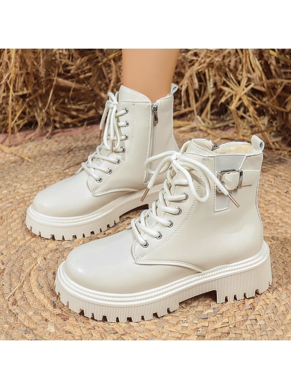 Women's Boots Fashion Classic 7-Hole Lace Up Chunky Flat Heel Boots for Women Winter Fall Shoes Daily Short Boots with Inner Zipper and Buckle 5.5-9 White