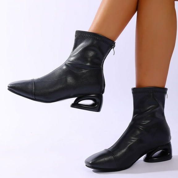 XUNKUSGA Women's Boots Mid Calf Special Shaped Low Heel Zipper Boots for Women Casual Square Toe Ankle Boot Fashion Patent Leather Chelsea Boots Women 5.5-9 Black