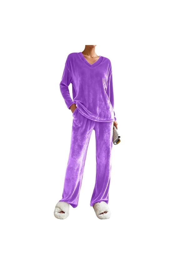 Pajamas for Women Set Casual Warm Velvet 2 Piece Sets for Women V Neck Long Sleeve Women's Velour Tracksuit and Soft Sweatpants Women Fall Clothes S-2XL