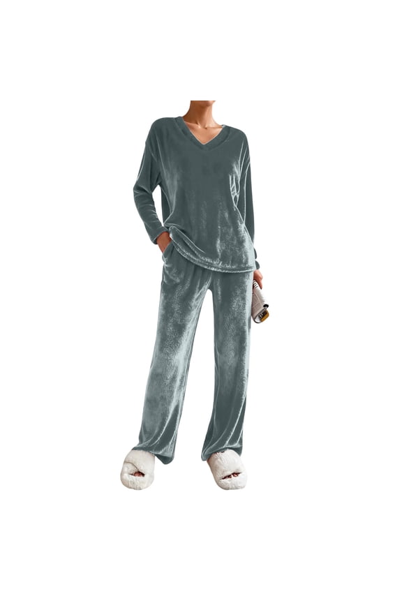 Pajamas for Women Set Casual Warm Velvet 2 Piece Sets for Women V Neck Long Sleeve Women's Velour Tracksuit and Soft Sweatpants Women Fall Clothes S-2XL