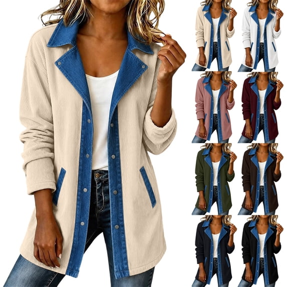 XUNKUSGA Women's Color Block Denim Trim Corduroy Jacket Fashion Lapel Button Down Long Sleeve Outerwear Coats Casual Patchwork Mid Length Suit Jackets for Women Beige S