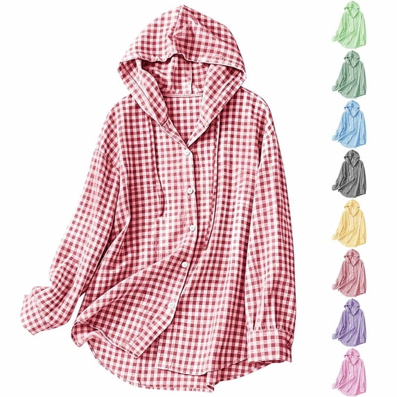 XUNKUSGA Women's Hooded Plaid Shirt Casual Long Sleeve Button Down Shirt for Women Loose Gingham Print Blouse Tops with Pocket Drawstring Hood #1Army Green L