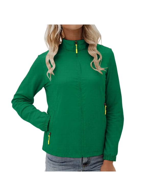 Women's Jacket Lightweight Athletic Casual Scrub Jacket Stand Collar Long Sleeve Jackets for Women Comfortable Windbreaker Jacket with Zip Pockets Hiking Running Golf S-4XL Green
