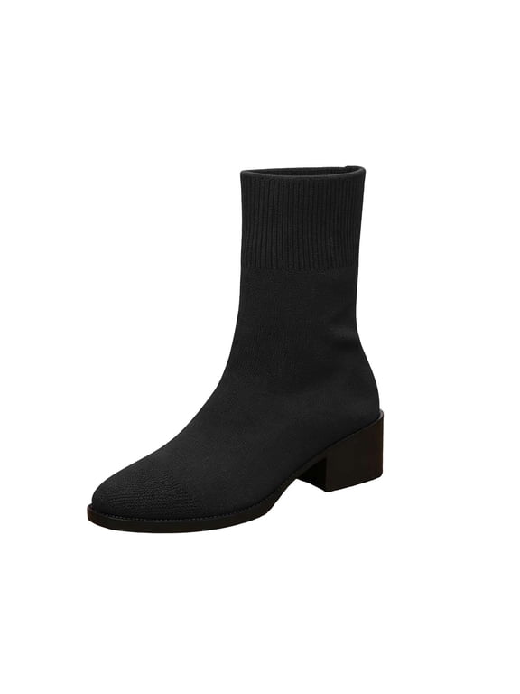 Women's Knit Sock Ankle Boots Casual Stretch Slim Round Toe Block Heel Slip On Dress Boots Classic Solid Color Comfortable Knit Shoes Fall Winter,7