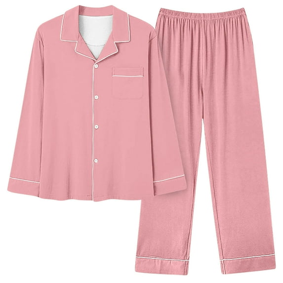 XUNKUSGA Women's Pajama Sets Long Sleeve Button Down and Pant Pj Sets Cotton Two-Piece Sleepwear Soft Solid Color Pajamas for Women Set Comfortable Loungewear Lounge Set S-2XL Pink