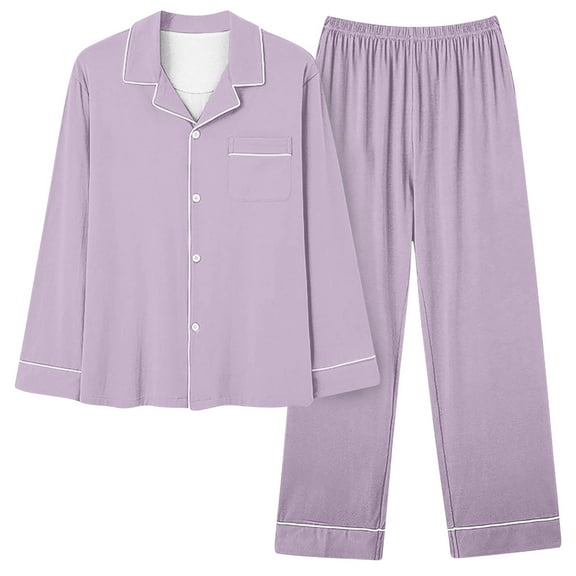 XUNKUSGA Women's Pajama Sets Long Sleeve Button Down and Pant Pj Sets Cotton Two-Piece Sleepwear Soft Solid Color Pajamas for Women Set Comfortable Loungewear Lounge Set S-2XL Purple