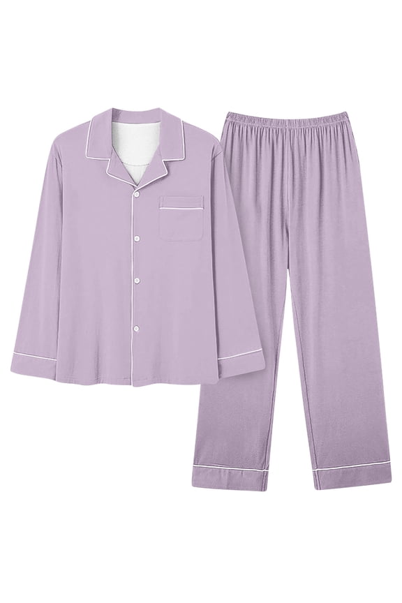 Women's Pajama Sets Long Sleeve Button Down and Pant Pj Sets Cotton Two-Piece Sleepwear Soft Solid Color Pajamas for Women Set Comfortable Loungewear Lounge Set S-2XL Purple