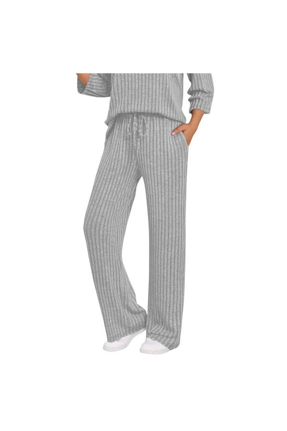 Women's Pants Ribded Knit Wide Leg Pants Woman Drawstring High Waisted Comfy Pants for Women Baggy Straight Leg Trousers Pants for Women S-2XL