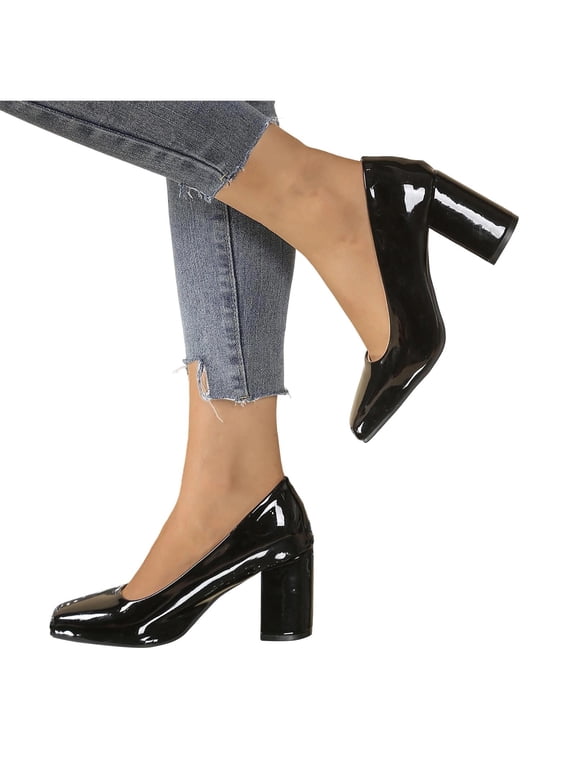 Women's Pumps Classic Solid Color Leather Square Toe Slip On Dress Shoes for Women Fashion Block High Heel Shoes Women For Office 3 Inch Heel,Black,8.5