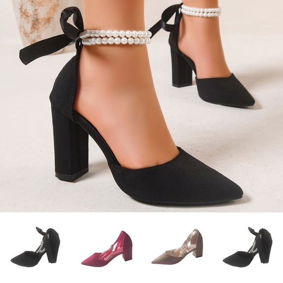 XUNKUSGA Women's Pumps Fashion Pointed Toe High Heels Satin Block Womens Shoes with Double Pearl Strap Comfortable Dress Shoes for Bridal Party Wedding,Pink