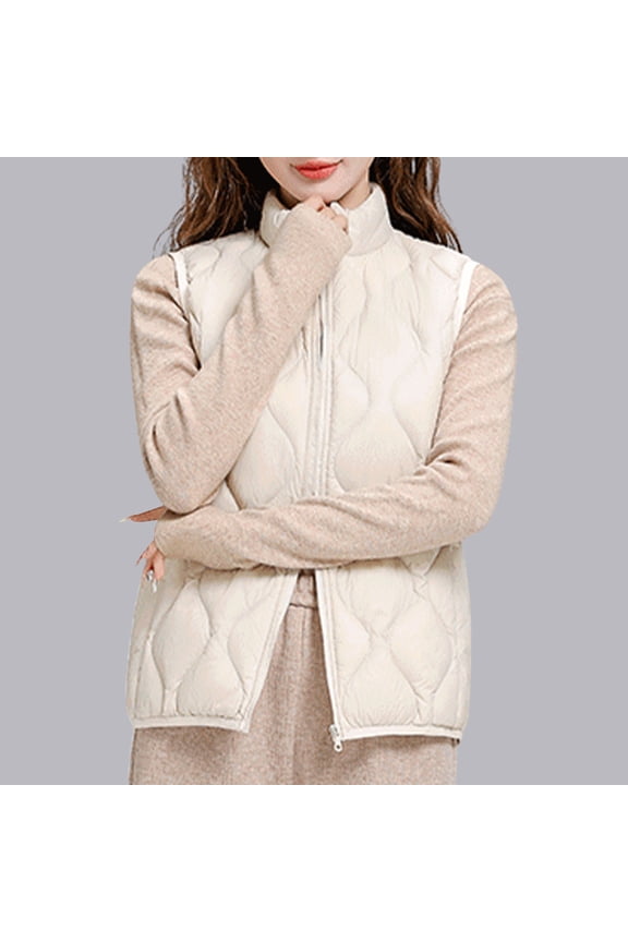 Women's Quilted Vest Solid Color Stand Collar Wind-Resistant Puffer Vest Women Lightweight Winter Warm Full Zip Sleeveless Jackets for Women with Pockets M-4XL Beige