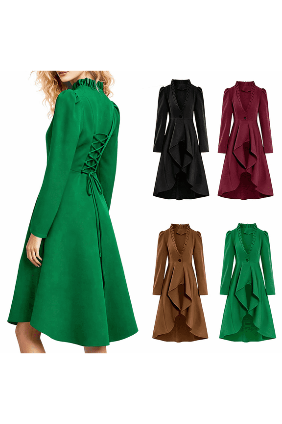 Women's Renaissance Gothic Coat Victorian Renaissance Steampunk Jackets for Women Fashion Ruffled V Neck Lace-Up Back High Low Ruffle Hem Halloween Medieval Jacket,S