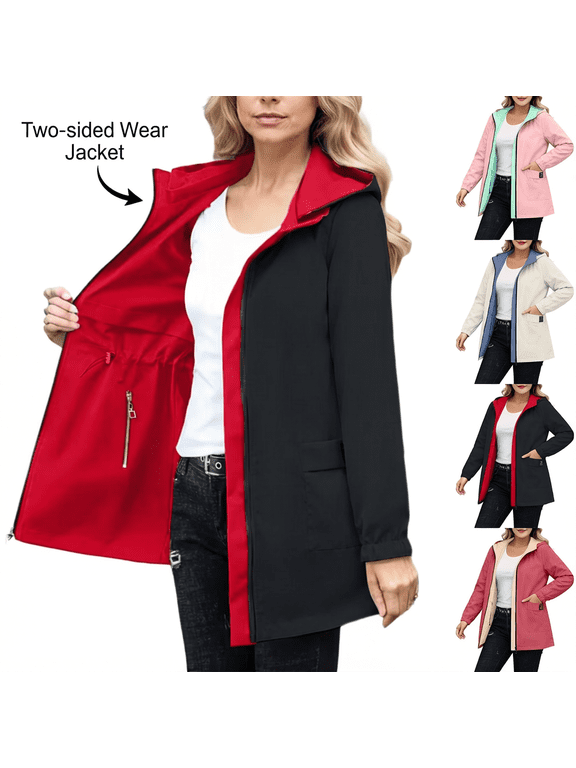 Women's Reversible Hooded Rain Jacket Lightweight Waterproof Hooded Windbreaker Jacket Women Casual Drawstring Waist Mid Length Outerwear Jackets with Pocket Red XS