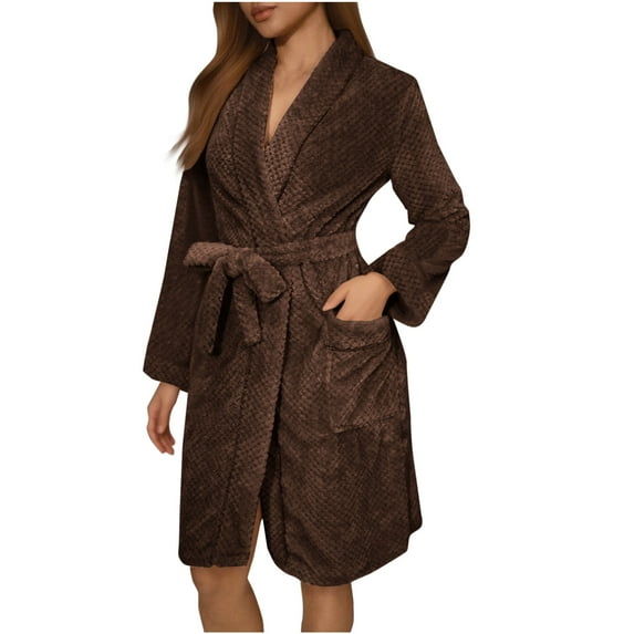 XUNKUSGA Women's Robes Soft Plush Short Bathrobes for Women Cozy Warm House Coat Solid Long Long Sleeve Fuzzy Winter Spa Robe with Pockets S-XL Brown