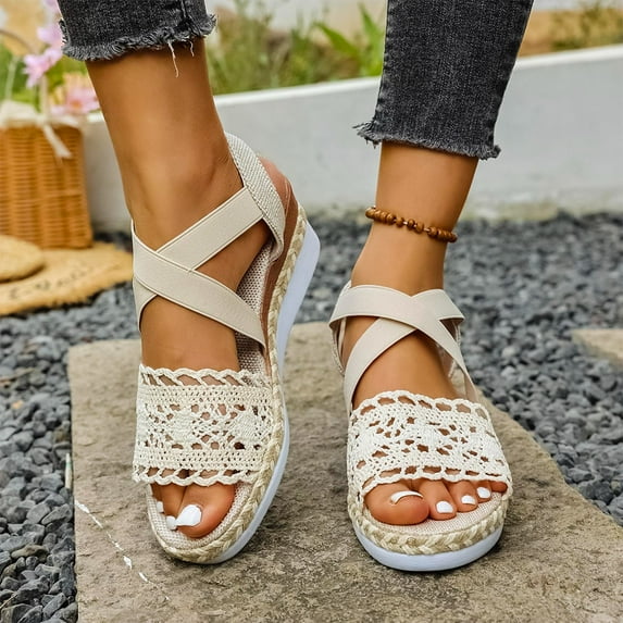XUNKUSGA Women's Sandals Wide Width Open Toe Wedding Shoes with Criss Cross Elastic Strap Fashion Lace Straps Wedge Sandals for Women 6-9.5,Beige