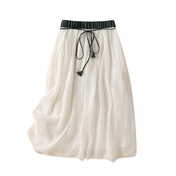 XUNKUSGA Women's Skirts Fashion Summer Color Block Drawstring Elastic Waist Flowy Skirt Breathable Double-Layer Cotton Linen Long Skirts for Women 74-77CM,White,XL