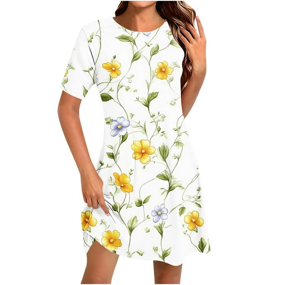 XUNKUSGA Women's Summer Beach Dresses Casual Loose Short Sleeve Tshirt Sundress Ruffle Hem Flowy Swing Tank Dress Plus Size Floral Beach Sundresses S-3XL