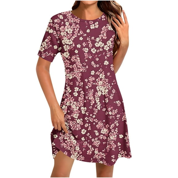 XUNKUSGA Women's Summer Beach Dresses Casual Loose Short Sleeve Tshirt Sundress Ruffle Hem Flowy Swing Tank Dress Plus Size Floral Beach Sundresses S-3XL